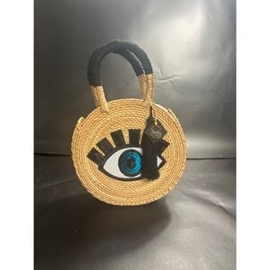 By Del Rio Evil Eye Sequin Round Straw Tote Bag Boho Basket Purse Tassel Tan Blk